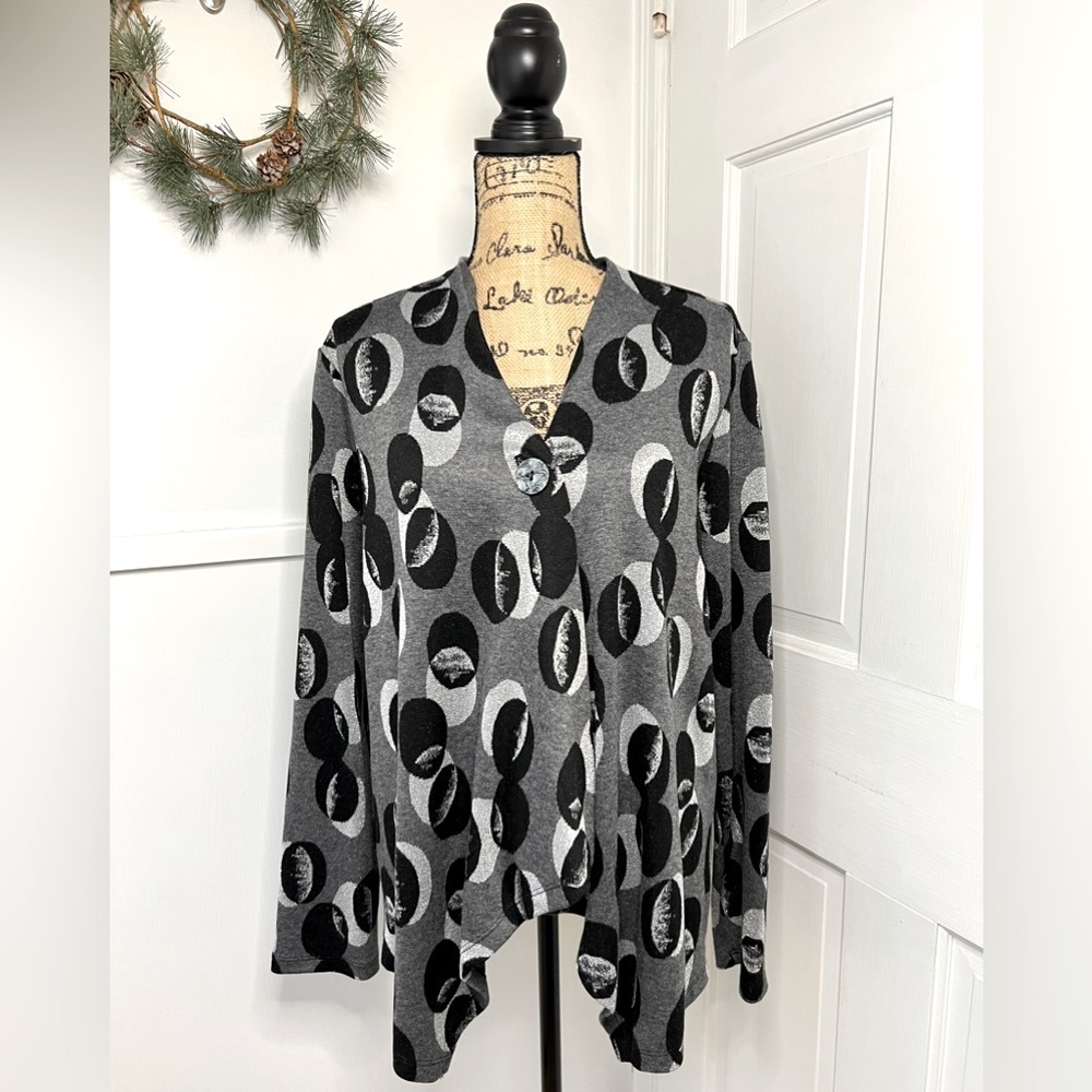 Joseph Ribkoff Grey/Multi Polka Dot Knit Sweater Jacket